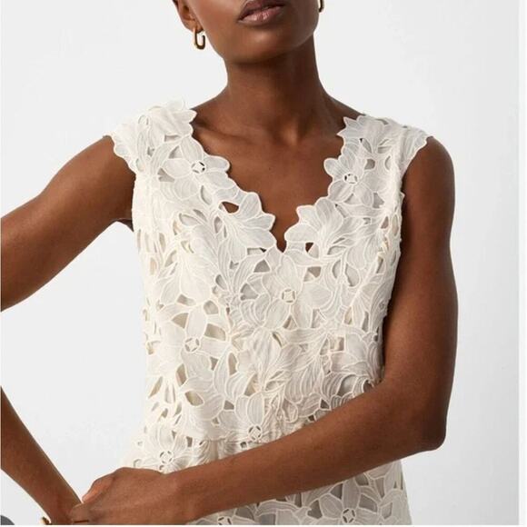 NEW $595 Vince Guipure Lace V Neck Cream Midi Dress - Picture 1 of 5
